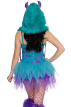 Load image into Gallery viewer, Monster Hottie Costume for Women, 3-Piece Y2K Monster Halloween Costume with Colorful Mini Dress, Furry Hood & Oversized Leg Warmers