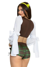 Load image into Gallery viewer, Swamp Sweetie Costume for Women, 4-Piece Fairytale Ogre Halloween Costume with Peasant Crop Top, Plaid Lace-Up Shorts, Belt & Ogre Ear Headband