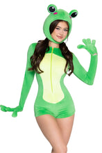Load image into Gallery viewer, Flirty Froggy Costume for Women, 2-Piece Frog Halloween Costume with Plush Zip-Front Romper, Built-In Frog Gloves & Oversized Frog Bonnet