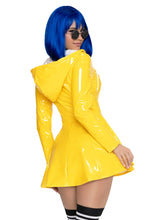 Load image into Gallery viewer, Rainy Day Rebel Costume for Women, 2-Piece Horror Halloween Costume with Glossy Yellow Raincoat Dress & Button-Style Glasses