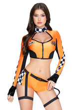Load image into Gallery viewer, Revved Up Racer Costume for Women, 3-Piece F1-Inspired Racing Halloween Costume with Zip-Front Crop Top, Cheeky Shorts & Strappy Belt