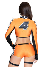 Load image into Gallery viewer, Revved Up Racer Costume for Women, 3-Piece F1-Inspired Racing Halloween Costume with Zip-Front Crop Top, Cheeky Shorts & Strappy Belt
