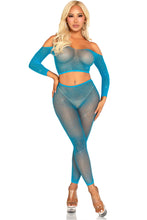 Load image into Gallery viewer, Iridescent Spark – Fishnet Rhinestone Crop Top & Footless Tights Lingerie Set