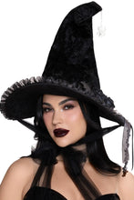 Load image into Gallery viewer, Dark Lolita Velvet Witch Hat for Women, Gothic Halloween Costume Hat with Pleated Chiffon Trim, Floral Accents, Bat Wings & Spider Charm