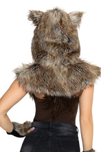 Load image into Gallery viewer, Wolf Costume Kit for Adults, 2-Piece Unisex Halloween Costume Accessory Set with Faux Fur Wolf Hood & Matching Fingerless Gloves