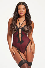 Load image into Gallery viewer, Guipure Lace and Fishnet Teddy with Adjustable Straps, Garter Straps, Gold Hardware