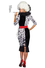 Load image into Gallery viewer, Dalmatian Diva – Sexy Cruella de Vil Inspired Midi Dress Halloween Costume