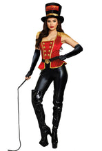 Load image into Gallery viewer, Lion Tamer Costume Set – Four-Piece Circus Ringleader Outfit with Velvet Top, Leggings, Hat, and Belt