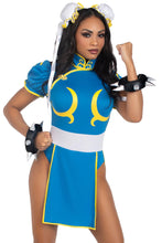 Load image into Gallery viewer, Chun-Li Costume for Women – 3 PC Bodysuit Dress with Signature Details, Spiked Wrist Cuffs & Ribbon Bun Covers