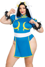 Load image into Gallery viewer, Chun-Li Costume for Women – 3 PC Bodysuit Dress with Signature Details, Spiked Wrist Cuffs & Ribbon Bun Covers