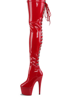Load image into Gallery viewer, Stretch Thigh Boot with 7-Inch Stiletto Heel, Platform, and Rear Lace-Up Detail