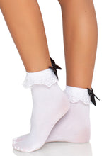 Load image into Gallery viewer, Women’s Ruffle Bow Ankle Socks – Lace Frill Socks with Bow Detail, Sexy Maid Style Stocking Socks for Heels, Costumes & Everyday Fashion
