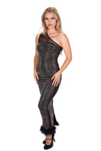 Load image into Gallery viewer, Off shoulder rhinestone maxi dress with hem fur