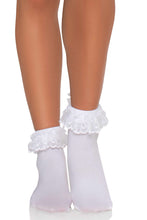 Load image into Gallery viewer, Women’s Ruffle Bow Ankle Socks – Lace Frill Socks with Bow Detail, Sexy Maid Style Stocking Socks for Heels, Costumes & Everyday Fashion