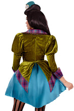 Load image into Gallery viewer, Deluxe Mad Hatter Costume for Women – 3 PC High/Low Velvet Dress with Lace Neck Piece & Mini Clock Hat