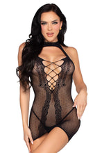 Load image into Gallery viewer, Kiss & Tell Open Back Mini Dress, Sheer Dotted Net Halter Dress with Faux Lace