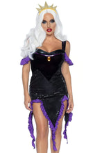Load image into Gallery viewer, A woman wearing a black velvet dress with a shimmering tentacle skirt and a crown headband, designed to resemble a sea witch for Halloween.