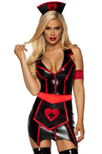 Load image into Gallery viewer, Naughty Nurse Costume, Zip-Up Wet Look Garter Dress with Apron & Accessories