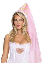 Load image into Gallery viewer, Medieval Hennin Princess Hat for Women, Pink Renaissance Costume Hat with Gold Floral Accents, Pearl Trim & Flowing Veil