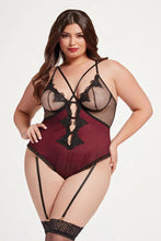 Load image into Gallery viewer, Guipure Lace and Fishnet Teddy with Adjustable Straps, Garter Straps, Gold Hardware
