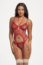 Load image into Gallery viewer, Sexy Two-Piece Camidoll & Matching Thong Set – Fishnet & Lace Applique Halter Camidoll with Garter Straps
