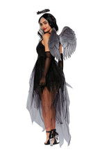 Load image into Gallery viewer, Fallen Angel Costume for Women – 3-Piece Set with Glitter Tulle Dress, Printed Wings & Ruffled Halo