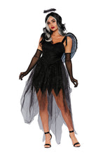 Load image into Gallery viewer, Fallen Angel Costume for Women – 3-Piece Set with Glitter Tulle Dress, Printed Wings & Ruffled Halo