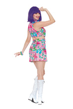 Load image into Gallery viewer, Groovy Go-Go Costume – 2 Piece 60’s Retro Dress with Cutouts, Attached Belt & Bangles