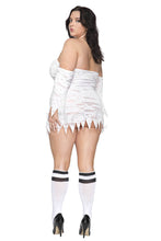 Load image into Gallery viewer, Haunting Ghost Costume – Tattered Smiley Dress with Off-Shoulder Sleeves & Halter Straps