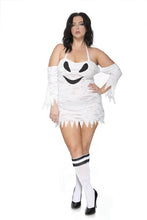 Load image into Gallery viewer, Haunting Ghost Costume – Tattered Smiley Dress with Off-Shoulder Sleeves & Halter Straps