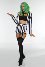 Load image into Gallery viewer, Haunting Phantom Costume – 5-Piece Black & White Striped Set with Coat, Skirt, Tube Top, Tie & Garter