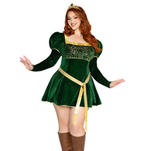 Load image into Gallery viewer, Swamp Princess Costume for Women, 3-Piece Fairytale Halloween Costume with Green Velvet Mini Dress, Gold Belt & Jeweled Crown Headband