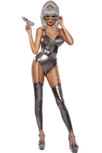 Load image into Gallery viewer, Fembot Fatale Costume for Women with Cone Bra Teddy, Belt, Novelty Glasses, Leg Warmers & Wig – Futuristic Robot Costume for Halloween & Cosplay