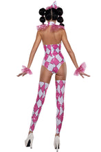 Load image into Gallery viewer, Diamond Clown Teddy Costume for Women with Rhinestone & Tulle Details, Leg Warmers, Wrist Pieces & Clown Hat – Pink & White Circus Costume