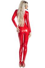 Load image into Gallery viewer, Bold Pop Star Costume for Women with Red Stretch Vinyl Bodysuit & Faux Microphone Headpiece – Stage-Inspired Costume for Halloween, Cosplay & Parties