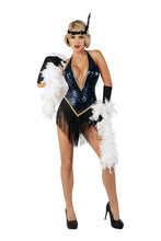 Load image into Gallery viewer, Women’s Jazzy Jezebel Costume, Navy Blue Stretch Sequin Fitted Romper with Fringed Skirt, Gold Faux Diamond Accents, Matching Headpiece & Gloves