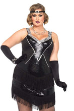 Load image into Gallery viewer, Plus-size woman modeling a black flapper costume with sequin detailing and a fringe skirt, accompanied by a matching headband with sequins.
