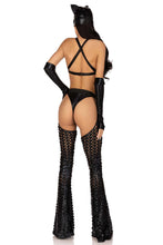 Load image into Gallery viewer, Sexy Catwoman Costume for Women – 3 Piece Strappy Cut-Out Bodysuit with Gloves & Cat Ear Skull Cap