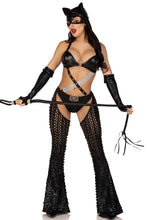 Load image into Gallery viewer, Sexy Catwoman Costume for Women – 3 Piece Strappy Cut-Out Bodysuit with Gloves & Cat Ear Skull Cap