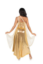 Load image into Gallery viewer, Three Pieces Golden Goddess Costume Set, Asymmetrical shimmer dress with one-shoulder buckle accent