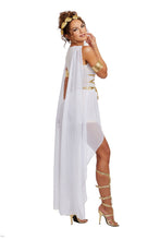 Load image into Gallery viewer, Venus Goddess Costume – 3-Piece Mythical Outfit with Sheer Dress, Gold Leaf Headpiece & Armbands