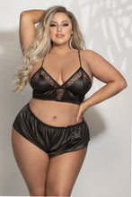 Load image into Gallery viewer, Satin & Lace Long Line Bralette and Tap Short Set – Adjustable Straps, Picot Trim, Gold Hardware