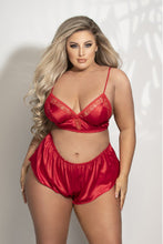 Load image into Gallery viewer, Satin & Lace Long Line Bralette and Tap Short Set – Adjustable Straps, Picot Trim, Gold Hardware