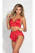 Load image into Gallery viewer, Satin & Lace Long Line Bralette and Tap Short Set – Adjustable Straps, Picot Trim, Gold Hardware