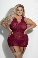 Load image into Gallery viewer, Eyelash & Floral Lace Chemise Set – Adjustable Straps, Hook & Eye Back, Gold Hardware, Removable Garters & G-string