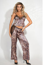 Load image into Gallery viewer, Leopard Print Satin Cami and Pant Set – Lace Trim, Adjustable Straps, Picot Elastic Waistband