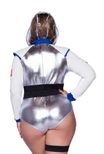 Load image into Gallery viewer, Galaxy Girl Astronaut Costume , Lame Zipper Bodysuit, Belt with Leg Garter, Detachable Clear Hood