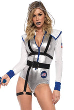 Load image into Gallery viewer, Galaxy Girl Astronaut Costume , Lame Zipper Bodysuit, Belt with Leg Garter, Detachable Clear Hood