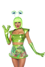 Load image into Gallery viewer, Beam Me Up Babe Alien Costume, Metallic Crop Top with Clear Skirt and Alien Gloves