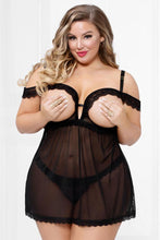 Load image into Gallery viewer, Sexy Lace & Mesh Babydoll Set – Two-Piece Lingerie with Open Cups